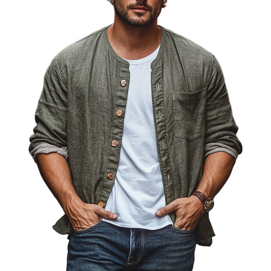 Men's Cotton And Linen Single-Breasted Long-Sleeved Loose Shirt MTA2739C5X