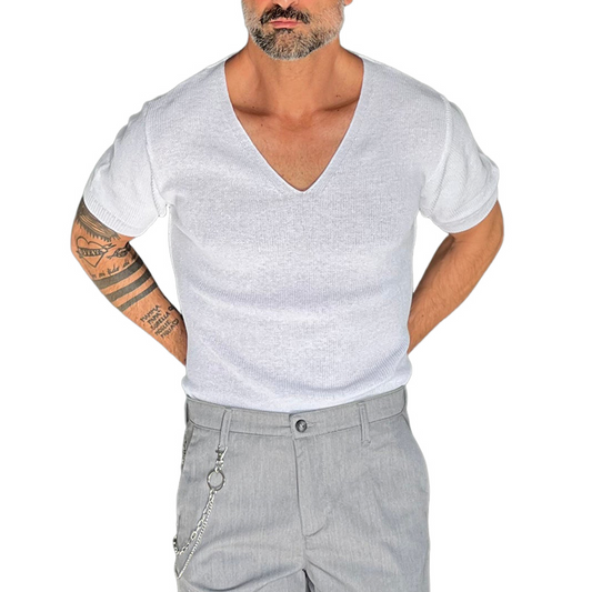 Men's Solid Color V-Neck Short Sleeve Knitted T-Shirt MTA2753C0X