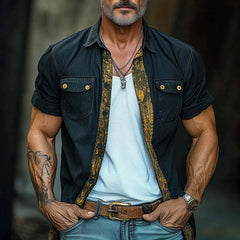 Men's Retro Western Print Denim Short Sleeve Shirt MTA2646C4P