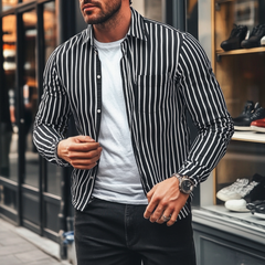Men's Casual Striped Lapel Loose Long Sleeve Shirt MTA1852C7M