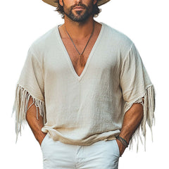 Men's Casual Loose Deep V-Neck Cotton And Linen Tassel T-Shirt MTA1788C2U