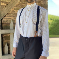 White Collarless Long-Sleeve Shirt for Men - Vintage Stripe Pattern, Casual Daily Tops