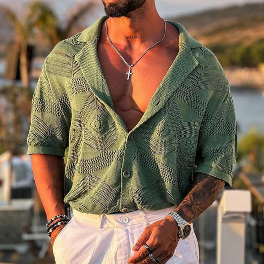 Men's Knit Solid Notch Lapel Single Breasted Short Sleeve Polo Shirt MTA0803D6Z