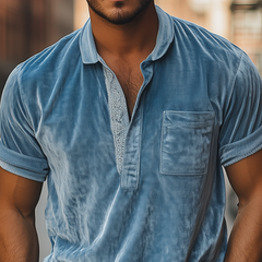 Men's Spring Fashion Deep V-Neck Sexy Lace Stitching Velvet Short-Sleeved POLO Shirt MTA2637C7K