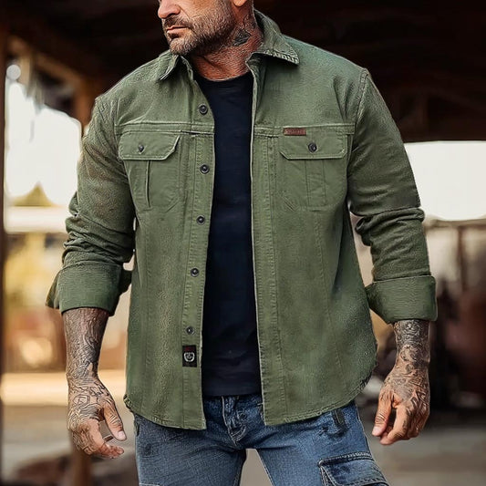 Men's Vintage Workwear Long Sleeve Lapel Utility Shirt - Perfect for Outdoor Adventures and Casual Wear