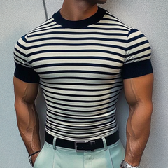 Men's Casual Round Neck Striped Knitted Loose Short Sleeve Sweater T-Shirt MTA2517C0M