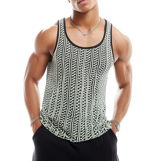 Men's Casual Knitted Jacquard Scoop Neck Tank Top MTA1700C5X