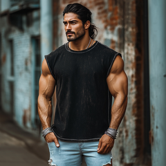 Men's Vintage Denim Heavy Wash Loose Round Neck Tank Top MTA1870C9M