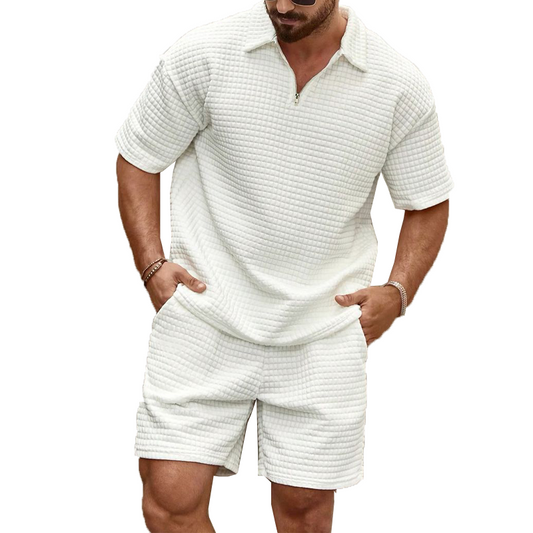 Men's Spring And Summer Casual Skin-friendly Waffle Pullover T-shirt Shorts Set MTA1962C2K