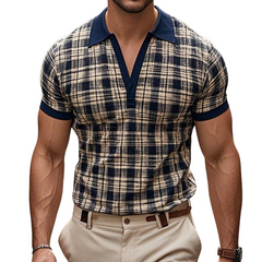 Men's Retro Check Print Colorblock Short-Sleeved Polo Shirt MTA3189C2TO