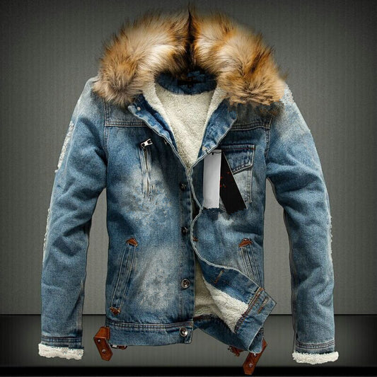 Winter Warm Denim Jacket with Faux Fur Collar - Stylish and Cozy Outerwear for Men