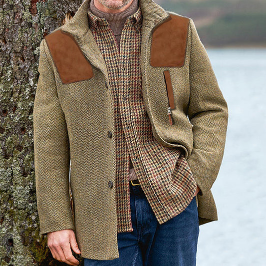 Men's Herringbone Blazer Suede Stitching Retro Business Casual Coat