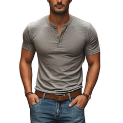 Men's Casual Comfortable Cotton Henley Collar Slim Fit Short Sleeve T-Shirt MTA2758C3M