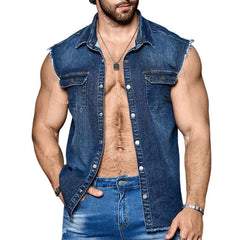 Men's Summer Vintage Dark Blue Denim Vest MTA3156C4U