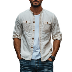 Men's Spring Fashion Personalized Lace Pocket Stitching Cotton And Linen Long Sleeve Shirt MTA2673C5K