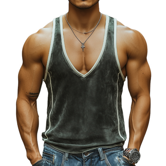 Men's Summer Fashion Personality Leisure Deep V-neck Stitching Suede Tank Top MTA0320D8K