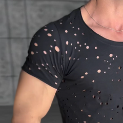 Men's Retro Casual Cotton Irregular Hole Round Neck Short Sleeve Shirt MTA2702C1TO