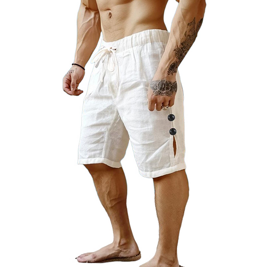 Men's Cotton And Linen Solid Color Button Shorts MTA0360D2X