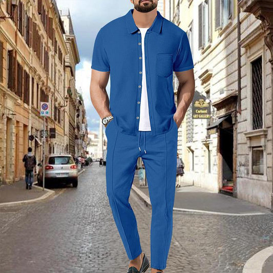 Men's Waffle Solid Color Short Sleeve Shirt And Pants Set 59383797X