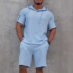 Men's Cotton And Linen Solid Color Short-Sleeved Shorts Two-Piece Set MTA1737C2X