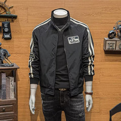Stylish Men's Bomber Jacket with Striped Sleeves and Patch Design for Casual Wear