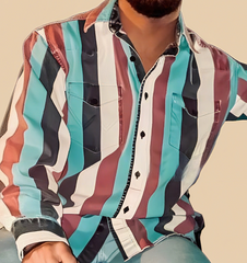 Men's Retro Color Block Stripe Printed Loose Long Sleeve Shirt 56477625M