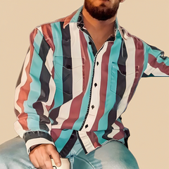 Men's Retro Color Block Stripe Printed Loose Long Sleeve Shirt 56477625M