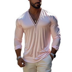 Men's Fashion Casual Sexy Lace And Satin Splicing Deep V Neck Long Sleeve T-Shirt MTA1765C8K