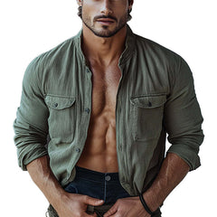 Men's Striped Textured Stand Collar Long Sleeve Shirt 79089166X