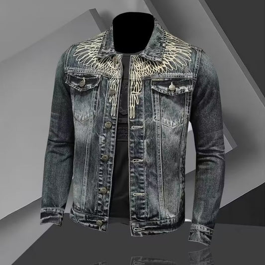 Distressed Denim Jacket with Embroidered Wings - Perfect for Casual and Fashionable Looks