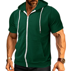 Men's Stylish Short Sleeve Hoodie with Zip-Up Design for Active Wear