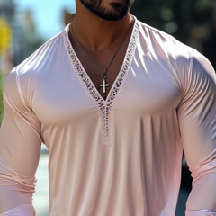 Men's Fashion Casual Sexy Lace And Satin Splicing Deep V Neck Long Sleeve T-Shirt MTA1765C8K