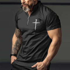 Men's Retro Casual Cross Print Zipper Short Sleeve T-Shirt MTA1963C7TO