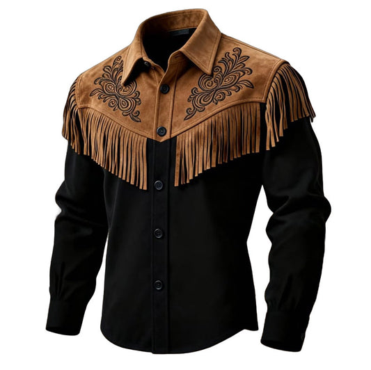 Men's Vintage Western Suede Contrast Embroidered Tassel Long-Sleeve Shirt