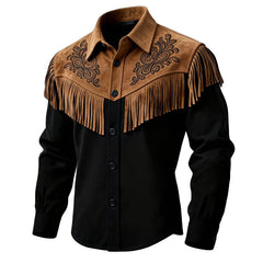 Men's Vintage Western Suede Contrast Embroidered Tassel Long-Sleeve Shirt