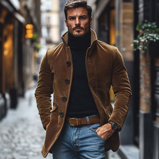 Men's Vintage Corduroy Lapel Single Breasted Slim Short Coat 99197625M