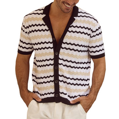 Men's Knit Wavy Pattern Notch Lapel Single Breasted Short Sleeve Polo Shirt MTA0812D6Z