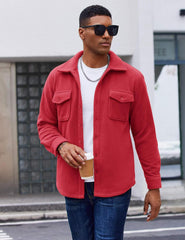 Red Button-Up Fleece Shirt Jacket with Chest Pockets