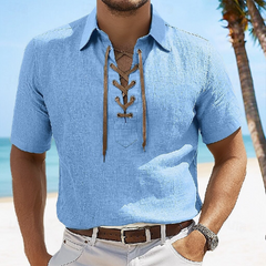 Men's Solid Color Casual Vacation Lace Lapel Short Sleeve Shirt MTA0162D4X