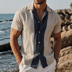 Men's Retro Casual Linen Striped Colorblock Printed Lapel Short Sleeve Shirt MTA2748C6TO
