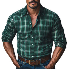 Men's Vintage Dark Green Long Sleeve Check Shirt MTA2109C8P