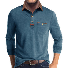 Men's Stylish Long Sleeve Polo Shirt with Contrast Collar and Chest Pocket