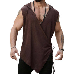 Men's Brown Textured Cross Tie Hooded Tank Top MTA2459C7U
