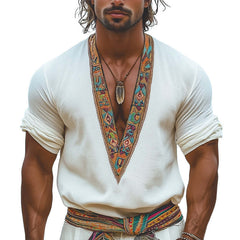 Men's Summer V-neck Retro Embroidery Casual Long Sleeve T-shirt MTA0958D6U