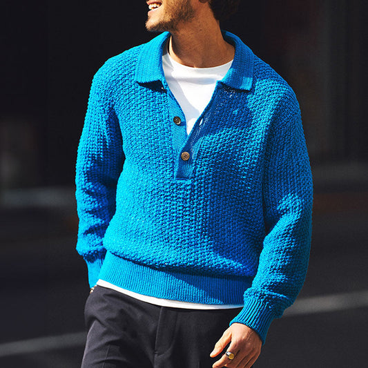 Vibrant Blue Knit Polo Sweater For Men - Perfect For Casual And Outdoor Activities