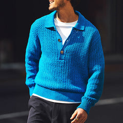 Vibrant Blue Knit Polo Sweater For Men - Perfect For Casual And Outdoor Activities