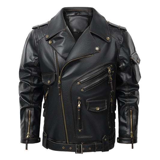 Classic Biker Jacket With Multiple Pockets And Zipper Details