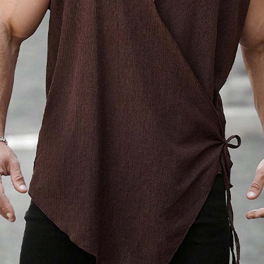 Men's Brown Textured Cross Tie Hooded Tank Top MTA2459C7U