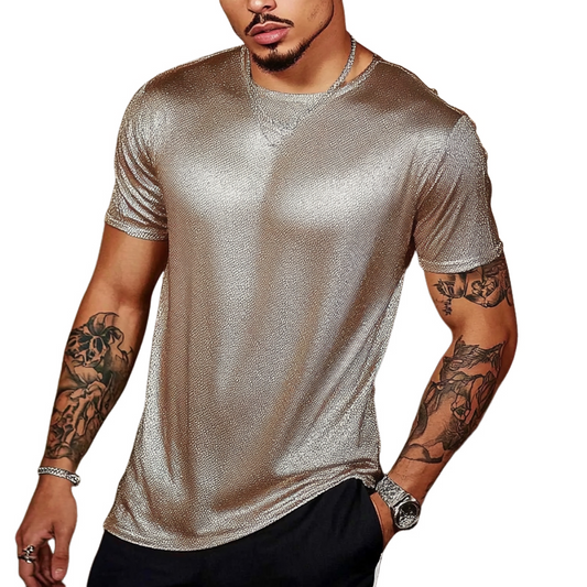 Men's Solid Color Glitter Round Neck Short Sleeve T-Shirt MTA3143C1X