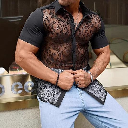 Men's Spring Fashion Sexy Lace Slim Black Short Sleeve Shirt MTA2751C0K